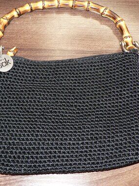 New The Sak Crochet Black Purse with Stylish Bamboo Handle Boho Chic Handbag